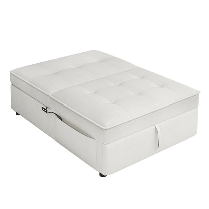 Divano letto in lino bianco con tasca portaoggetti e porta USB