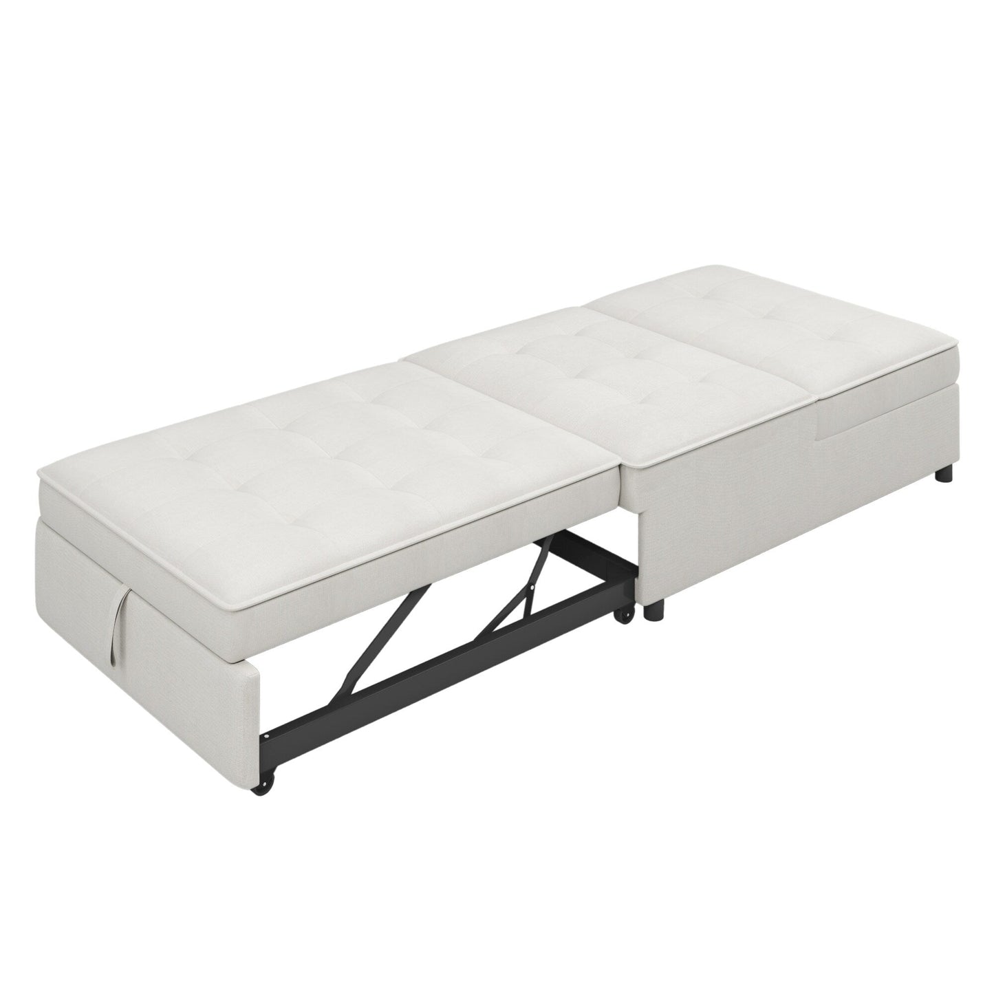 Divano letto in lino bianco con tasca portaoggetti e porta USB