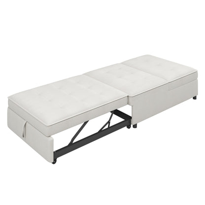 Divano letto in lino bianco con tasca portaoggetti e porta USB
