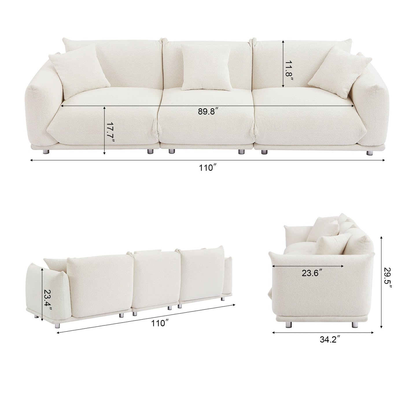 Divano oversize bianco moderno 111 a 3 posti con gambe in metallo e struttura in legno massello per soggiorno
