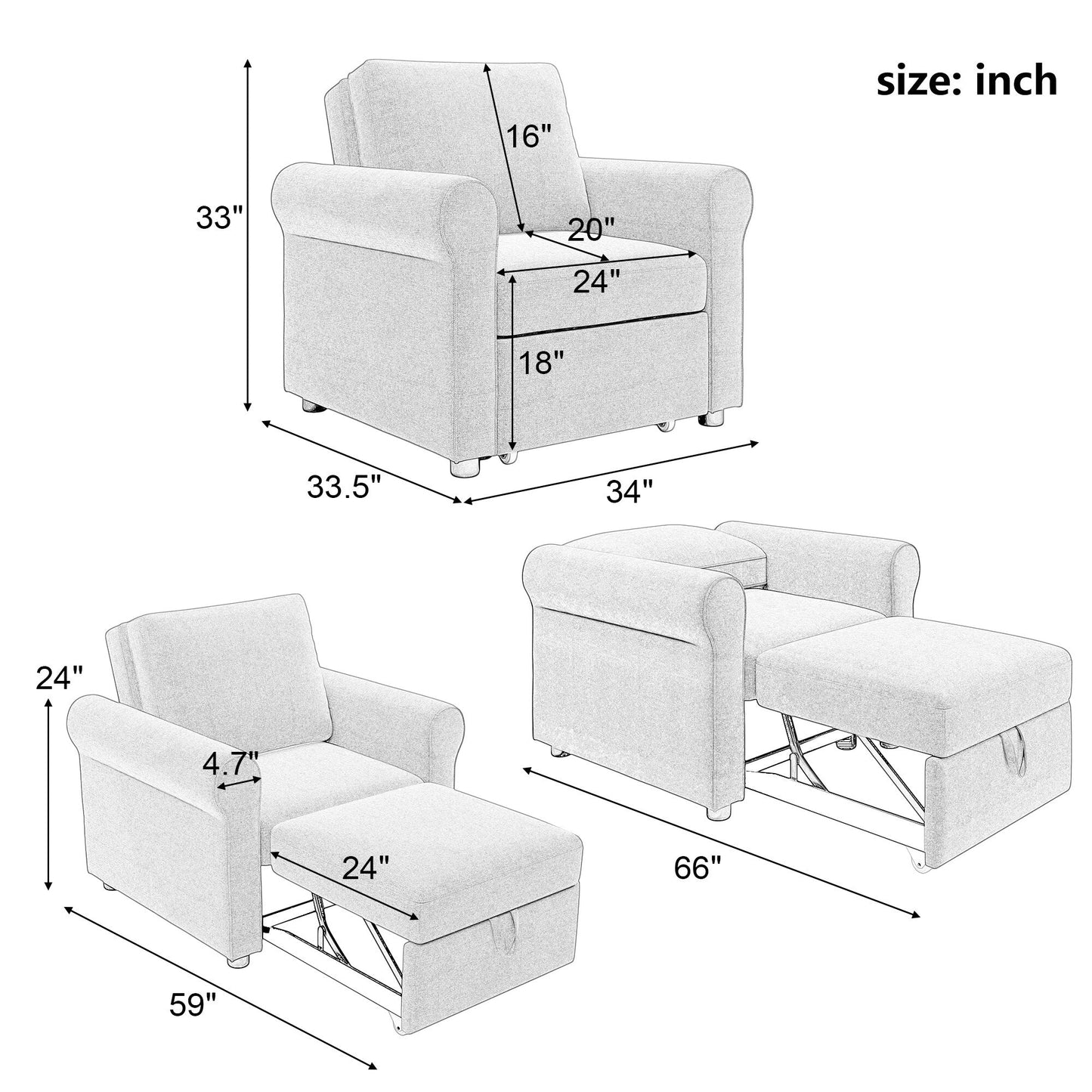 Divano letto singolo convertibile 3 in 1 in lino bianco moderno da 34 pollici con schienale regolabile per soggiorno