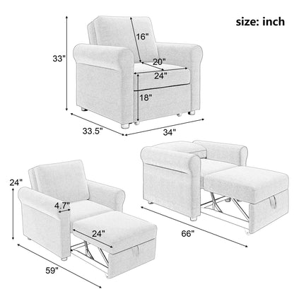 Divano letto singolo convertibile 3 in 1 in lino bianco moderno da 34 pollici con schienale regolabile per soggiorno