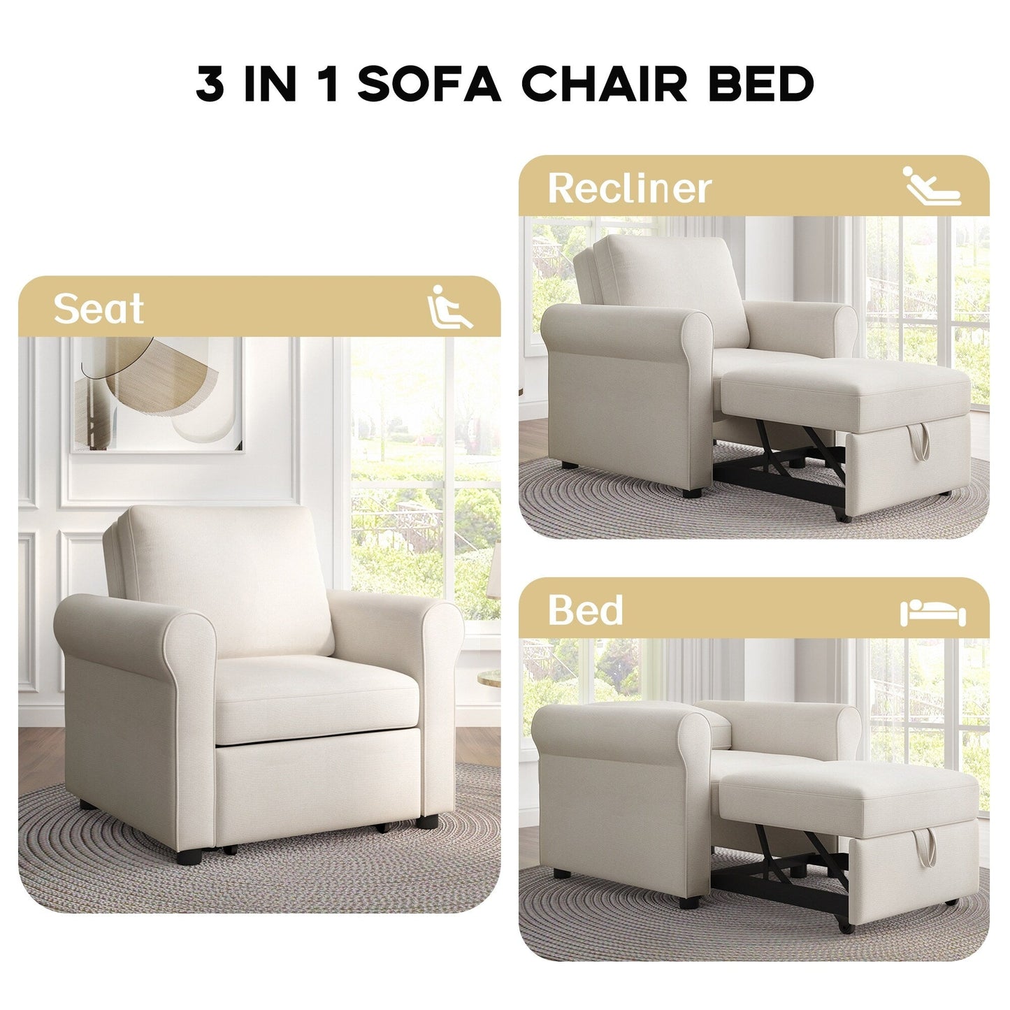 Divano letto singolo convertibile 3 in 1 in lino bianco moderno da 34 pollici con schienale regolabile per soggiorno