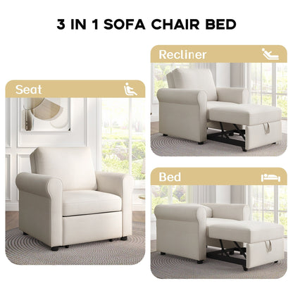 Divano letto singolo convertibile 3 in 1 in lino bianco moderno da 34 pollici con schienale regolabile per soggiorno