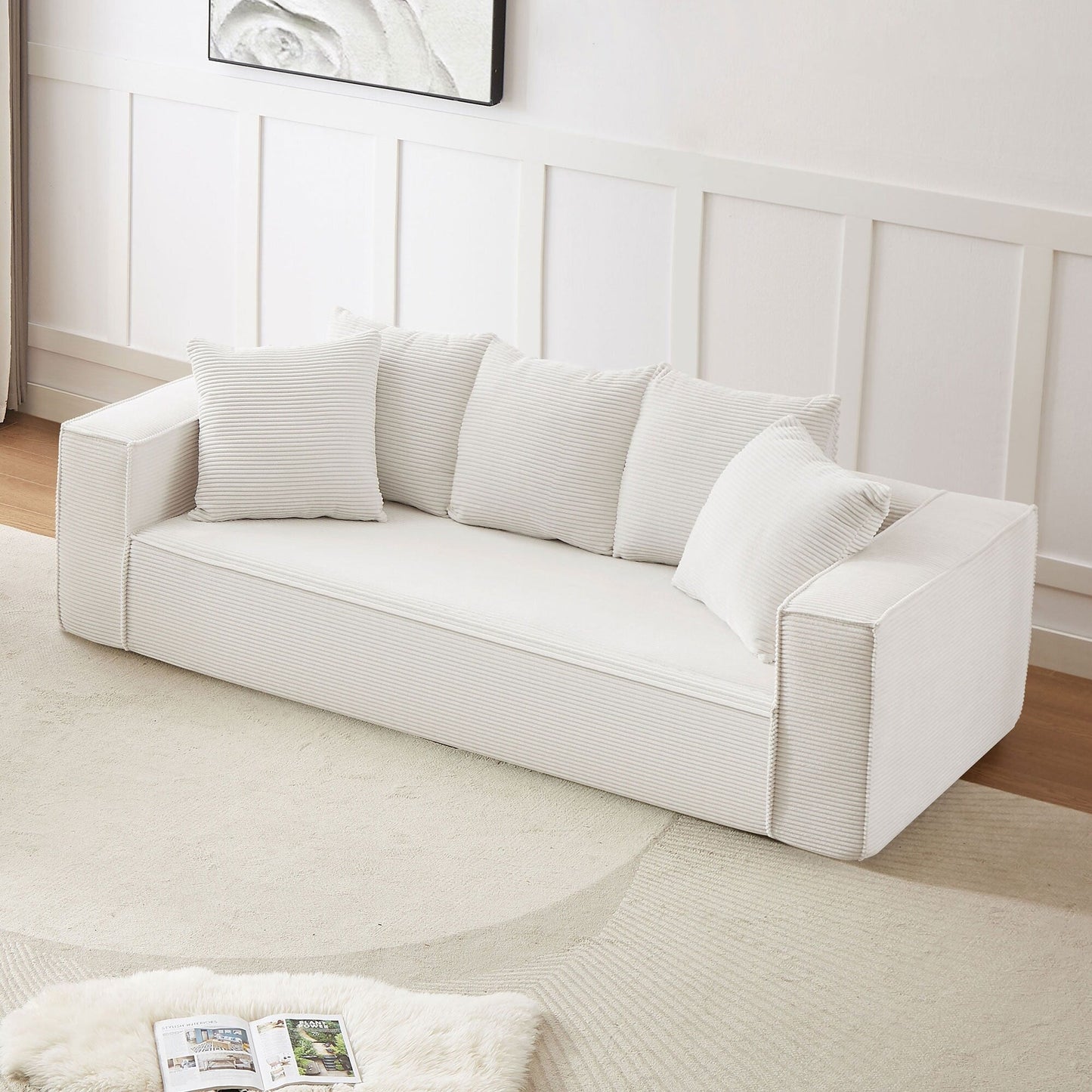 Divano da pavimento moderno bianco a 3 posti con rivestimento in velluto a coste e 5 cuscini coordinati per soggiorno, 88,97 €