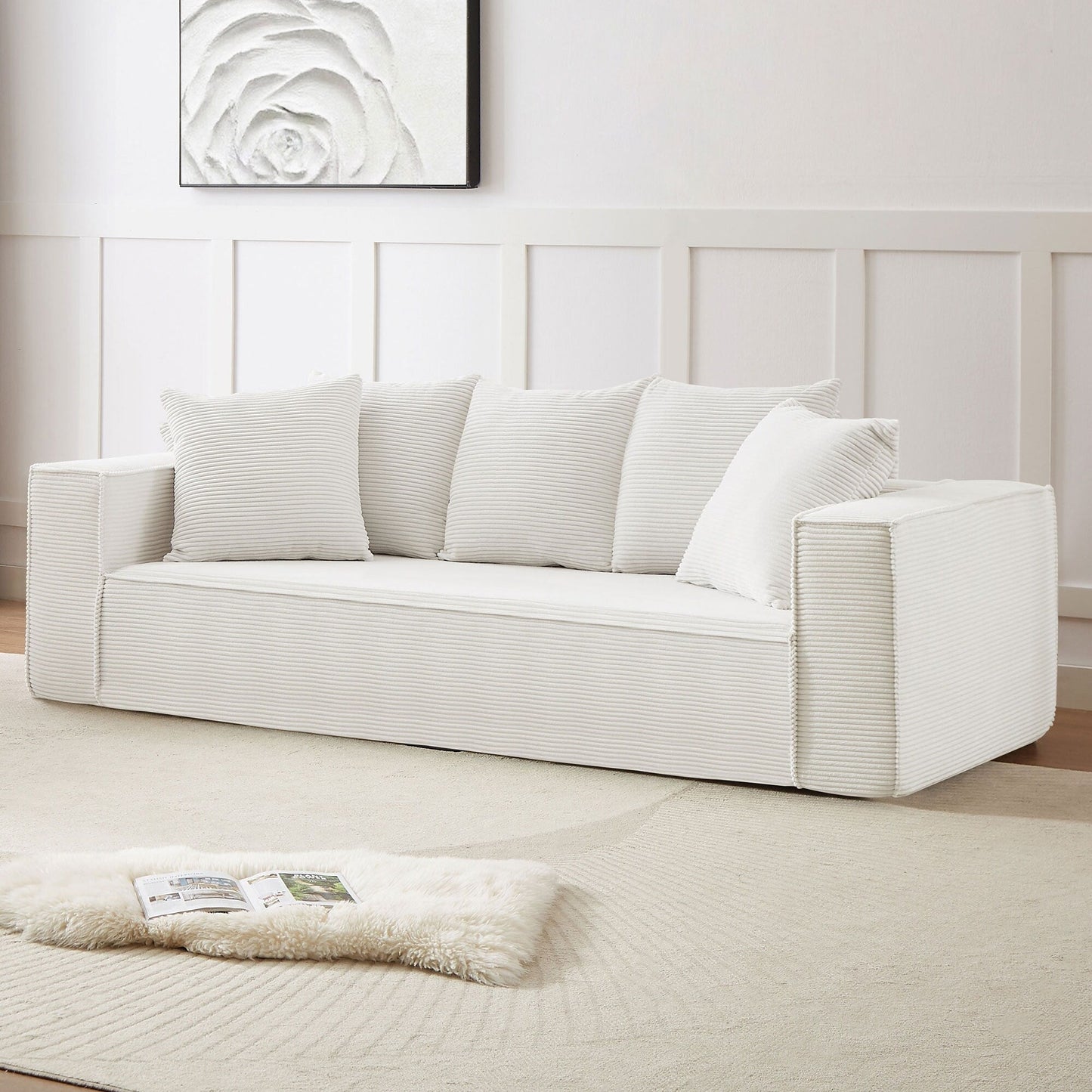 Divano da pavimento moderno bianco a 3 posti con rivestimento in velluto a coste e 5 cuscini coordinati per soggiorno, 88,97 €