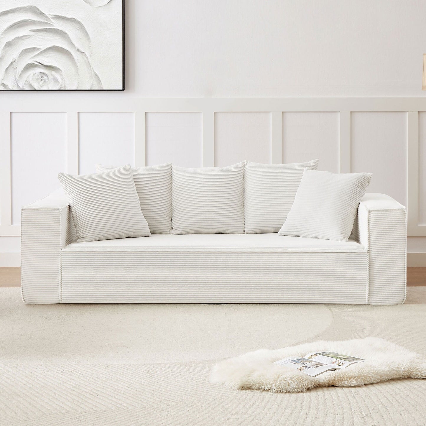 Divano da pavimento moderno bianco a 3 posti con rivestimento in velluto a coste e 5 cuscini coordinati per soggiorno, 88,97 €