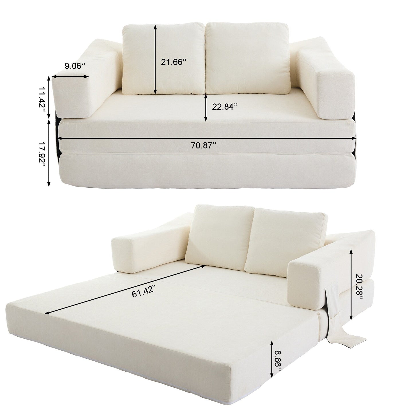 Divano letto trasformabile in ciniglia, moderno e minimalista, bianco, 70,87, con schienale rimovibile per soggiorno