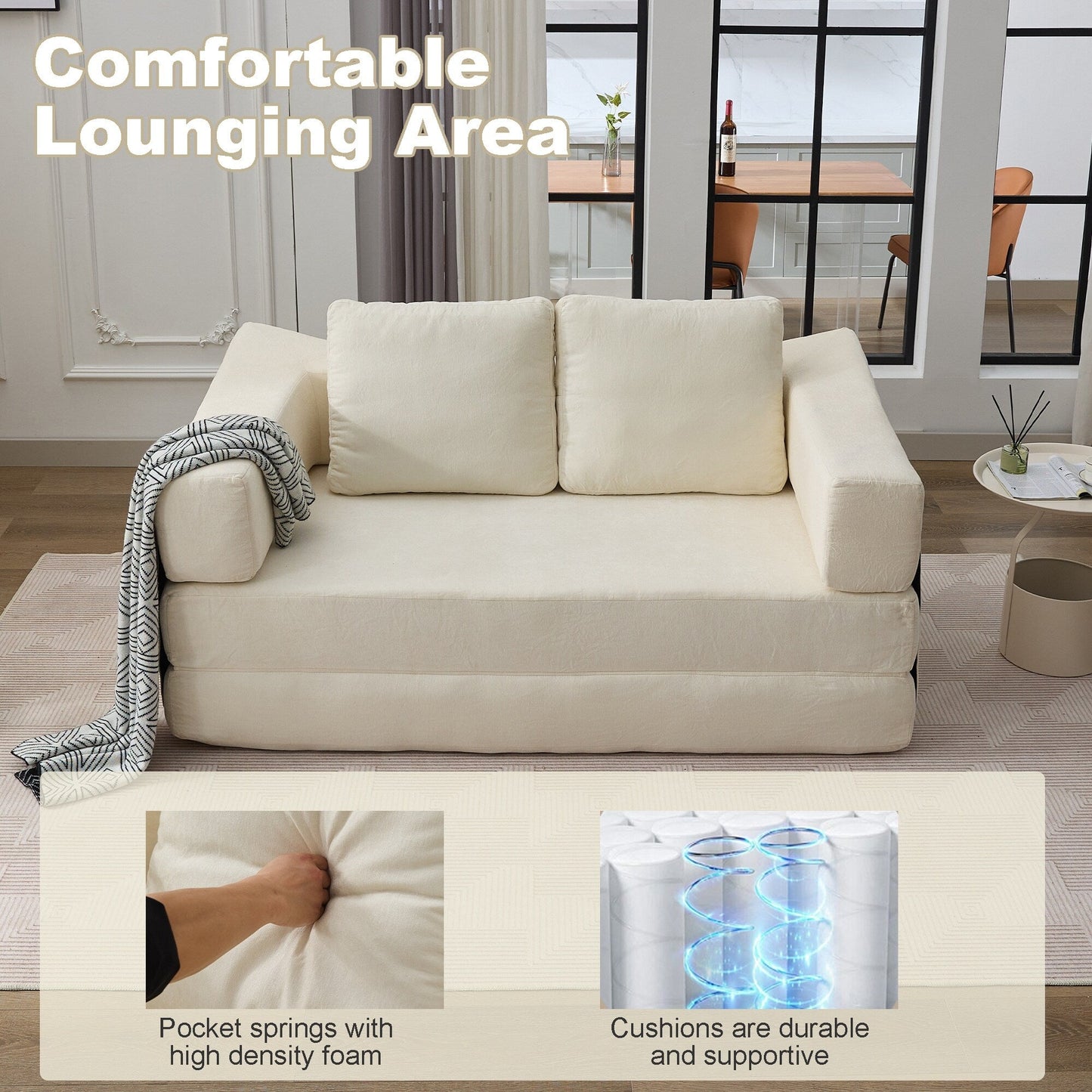 Divano letto trasformabile in ciniglia, moderno e minimalista, bianco, 70,87, con schienale rimovibile per soggiorno