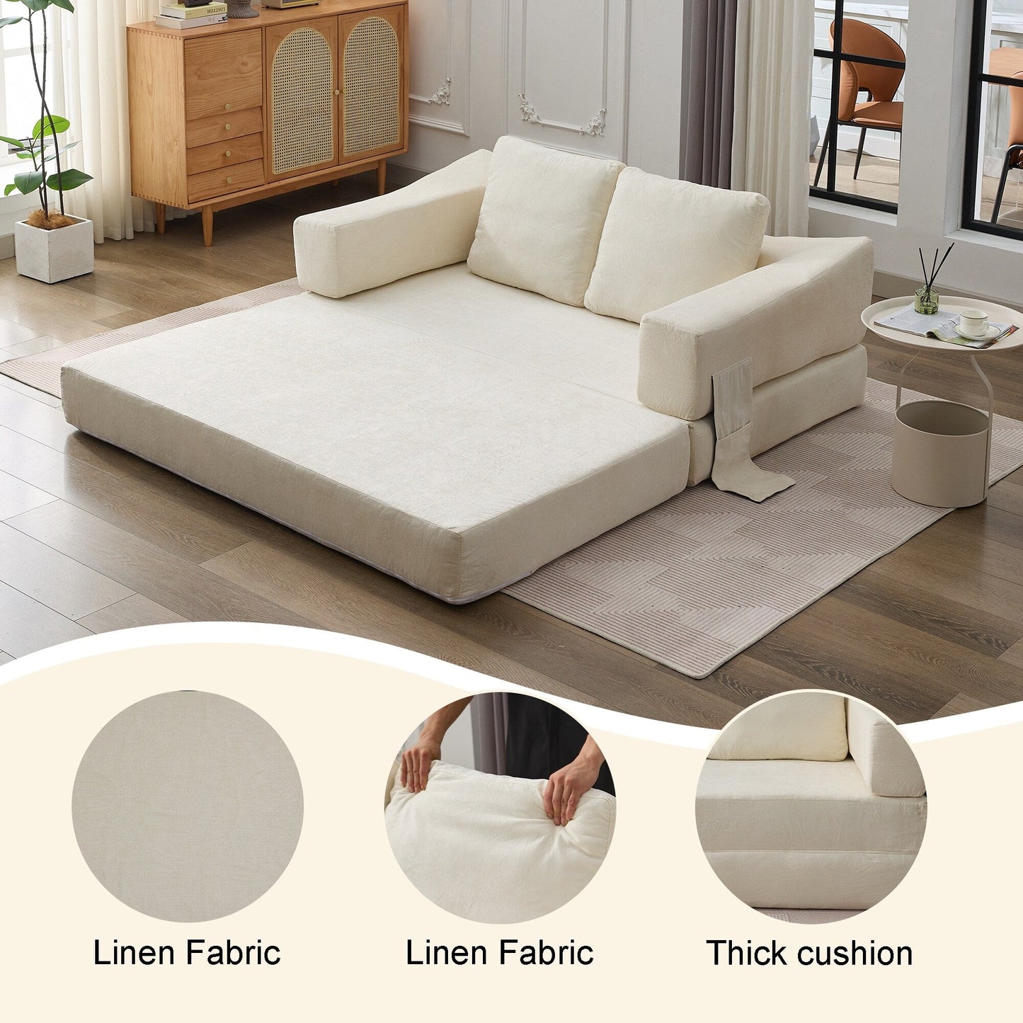Divano letto trasformabile in ciniglia, moderno e minimalista, bianco, 70,87, con schienale rimovibile per soggiorno