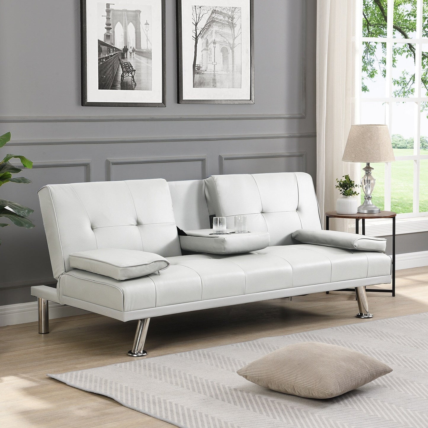 Divano letto a due posti in PVC bianco con struttura in legno