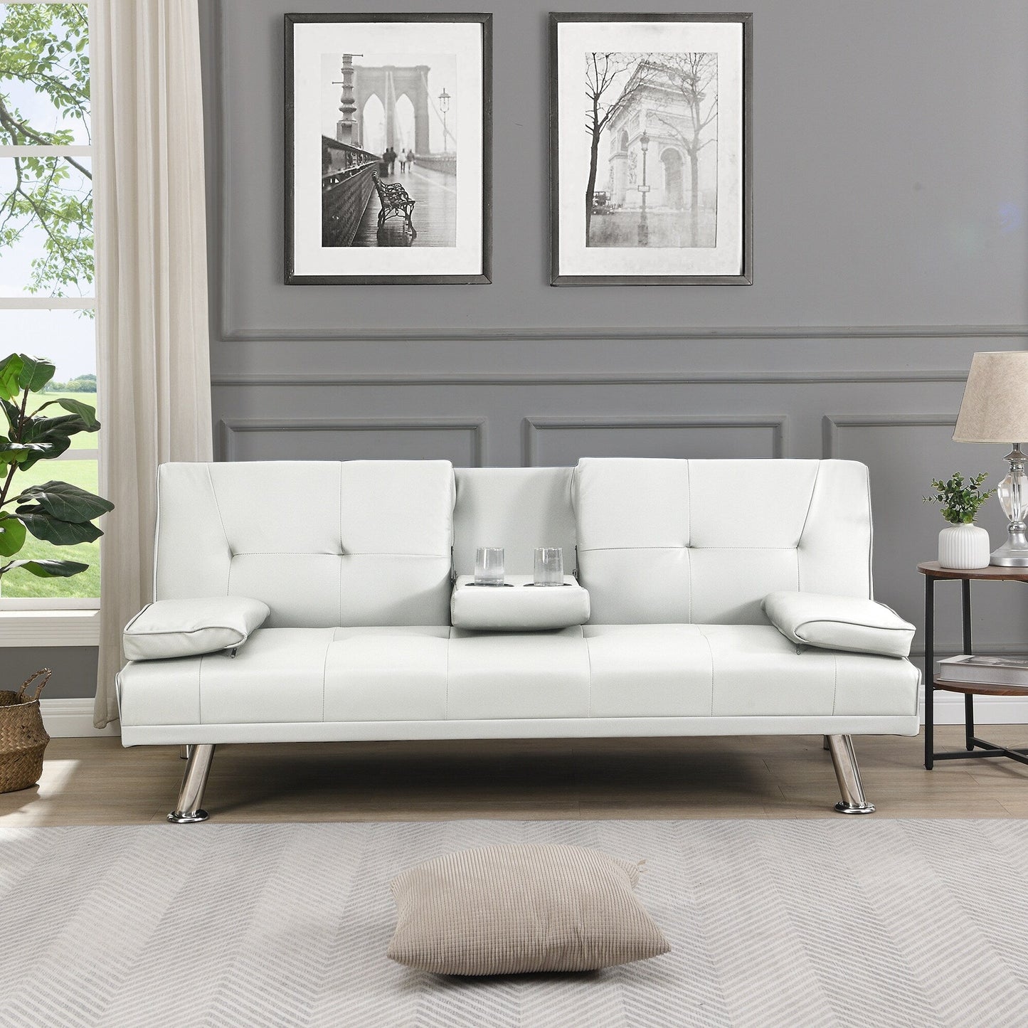 Divano letto a due posti in PVC bianco con struttura in legno