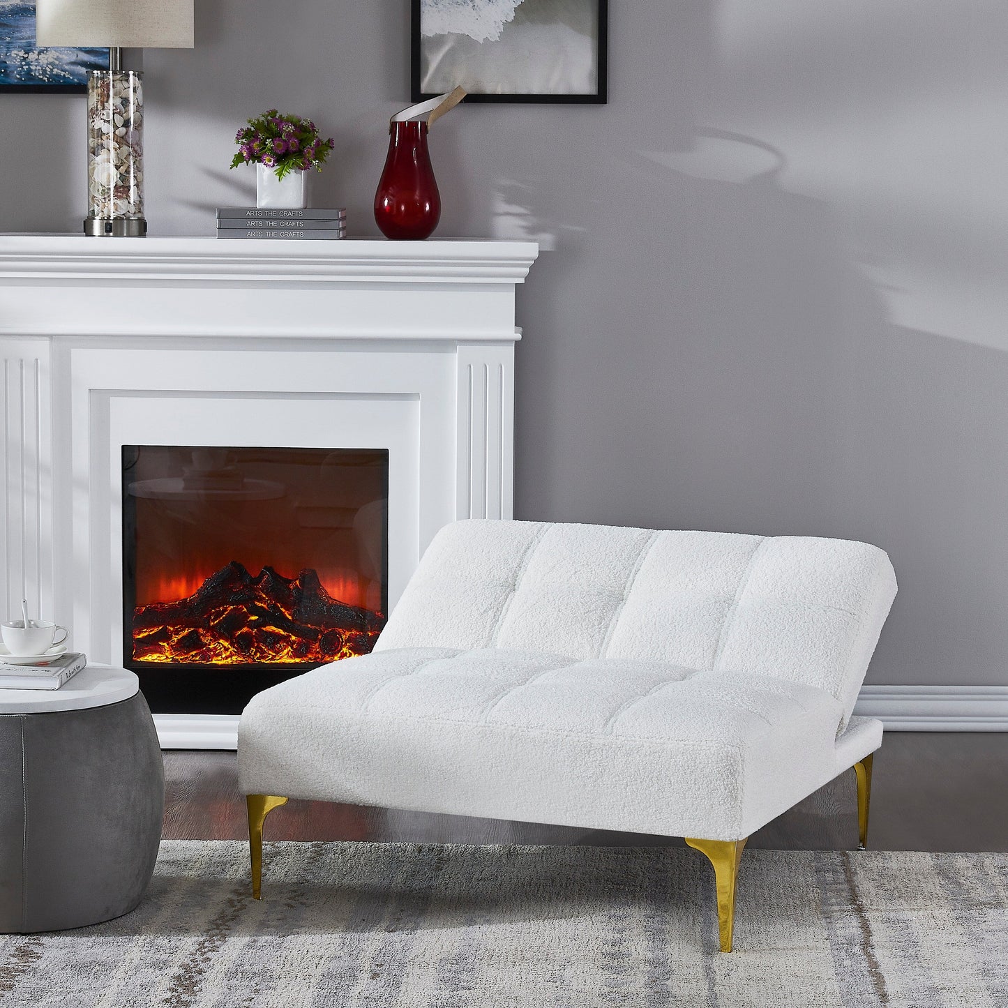 Divano letto singolo modulare in ciniglia Teddy bianco con struttura in legno