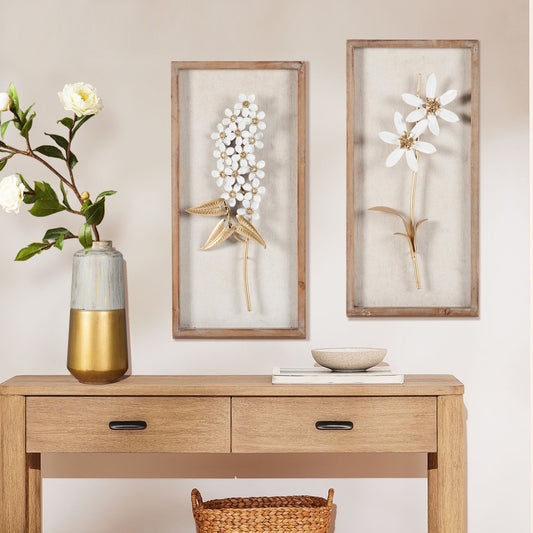 Decorazione da parete con bouquet di fiori in metallo bianco e oro e cornice in legno (set da 2)