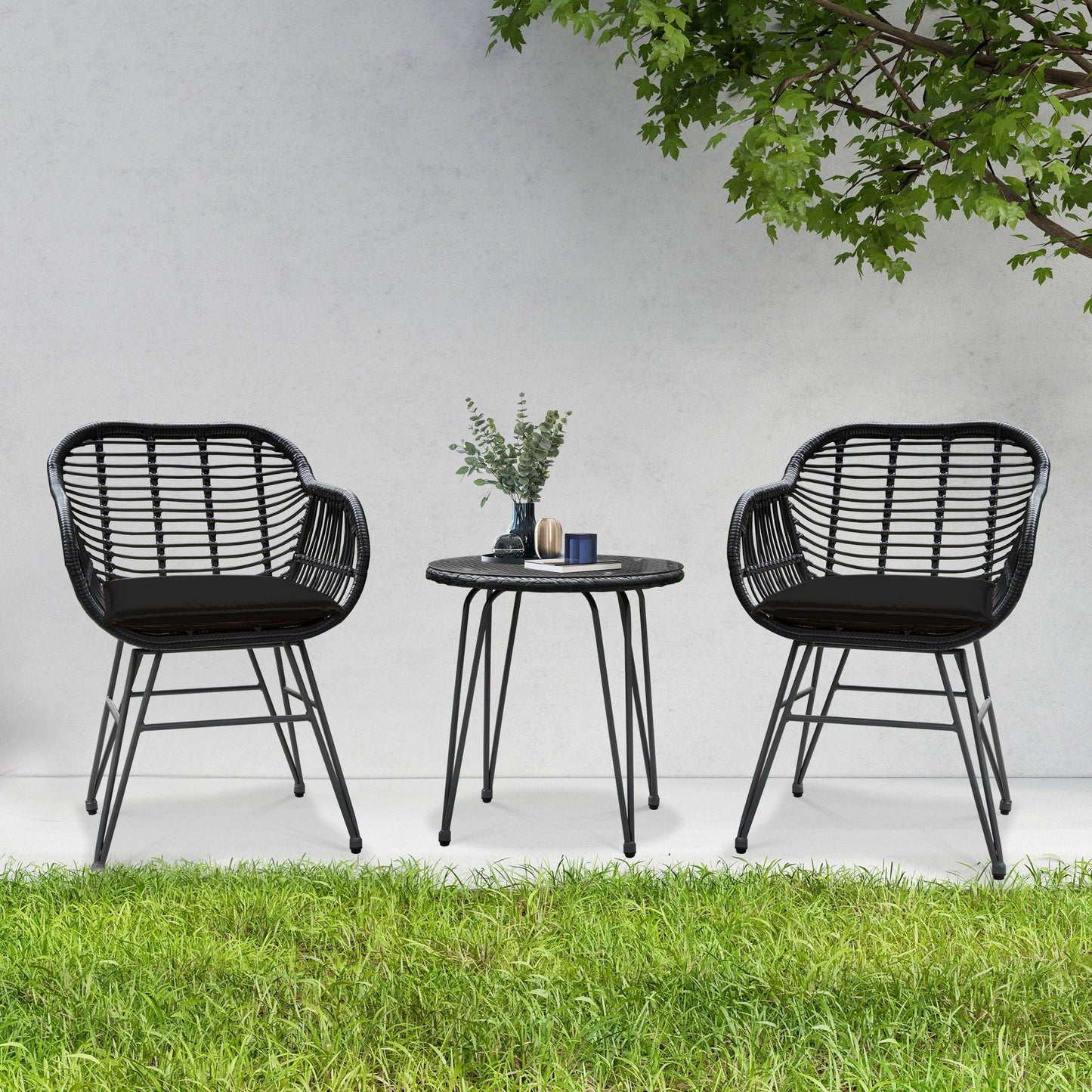 Set da 3 pezzi per mobili da esterno in vimini, da patio, da bistrot, con cuscini, per veranda, piscina, giardino - 21,2 L x 23,6 W x 31,5 H