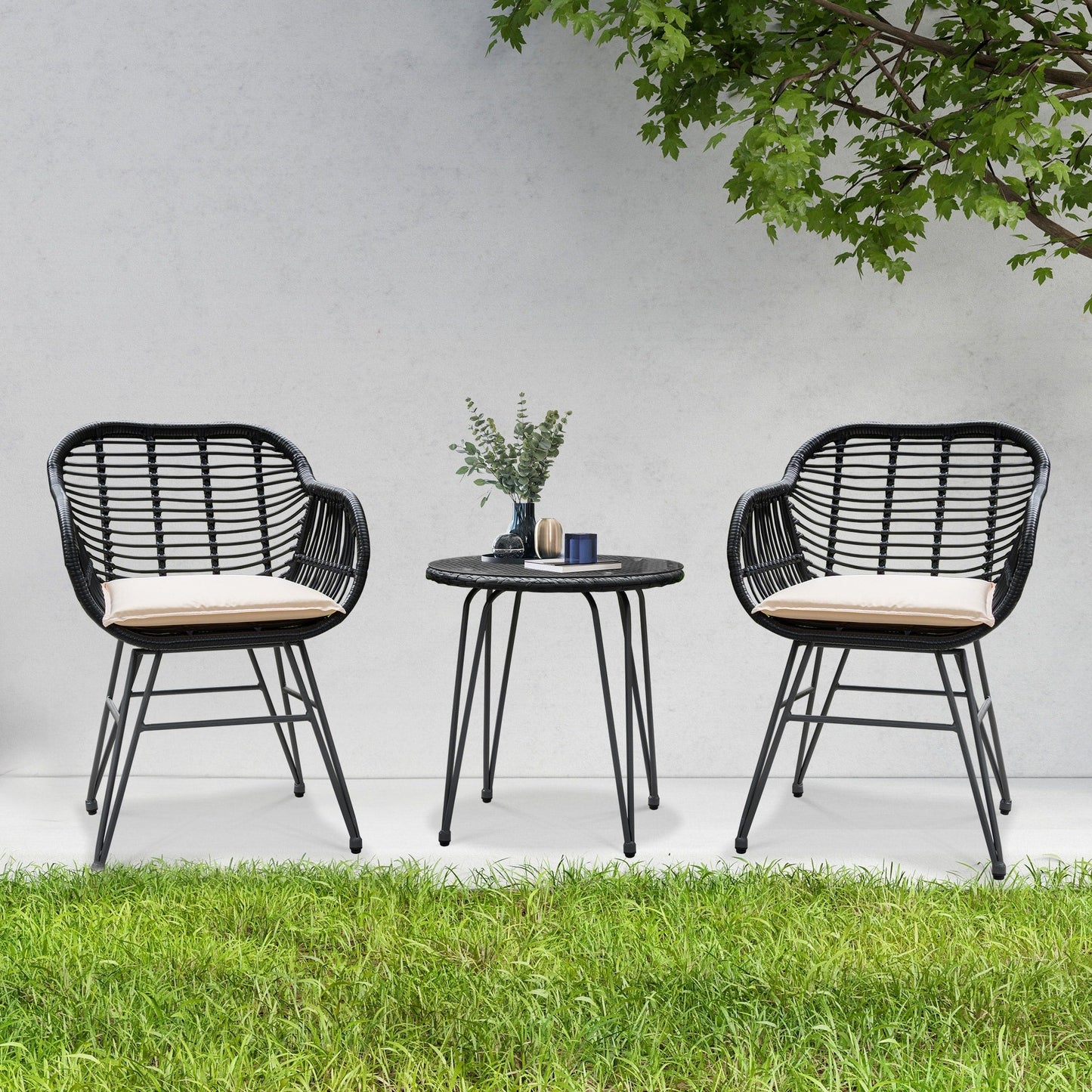 Set da 3 pezzi per mobili da esterno in vimini, da patio, da bistrot, con cuscini, per veranda, piscina, giardino - 21,2 L x 23,6 W x 31,5 H
