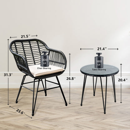 Set da 3 pezzi per mobili da esterno in vimini, da patio, da bistrot, con cuscini, per veranda, piscina, giardino - 21,2 L x 23,6 W x 31,5 H