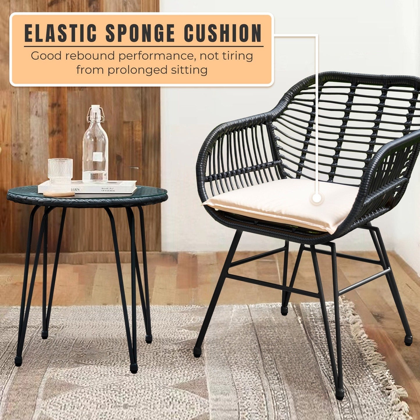 Set da 3 pezzi per mobili da esterno in vimini, da patio, da bistrot, con cuscini, per veranda, piscina, giardino - 21,2 L x 23,6 W x 31,5 H