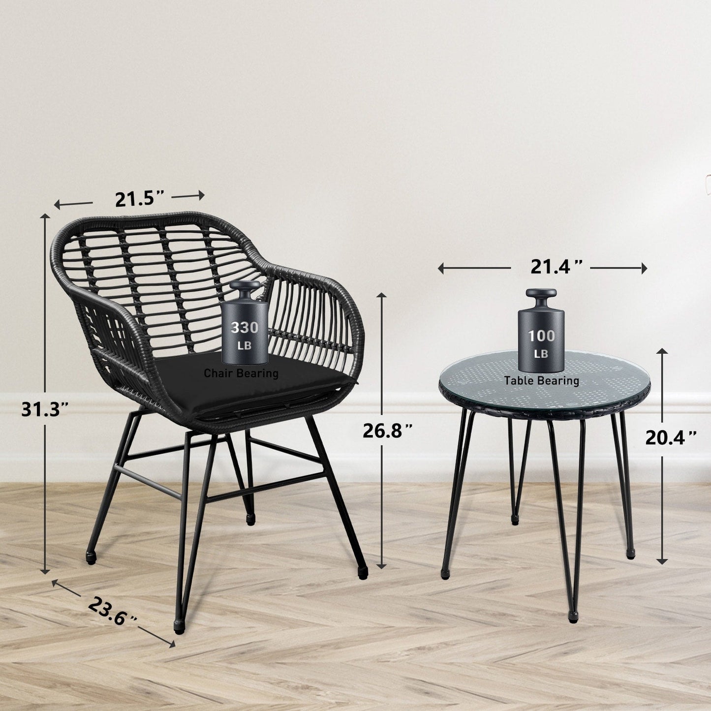 Set da 3 pezzi per mobili da esterno in vimini, da patio, da bistrot, con cuscini, per veranda, piscina, giardino - 21,2 L x 23,6 W x 31,5 H