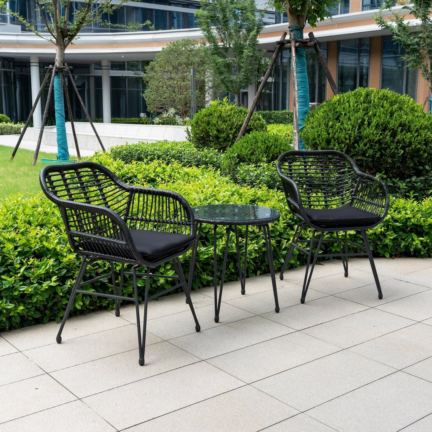 Set da 3 pezzi per mobili da esterno in vimini, da patio, da bistrot, con cuscini, per veranda, piscina, giardino - 21,2 L x 23,6 W x 31,5 H