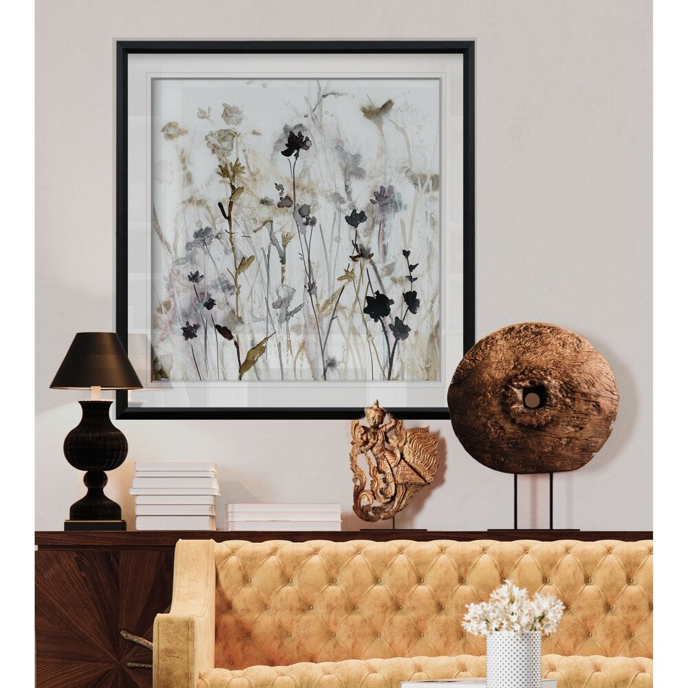 Wildflower Mist I - Stampa incorniciata personalizzata - blu, bianco, grigio, giallo, verde, argento, oro