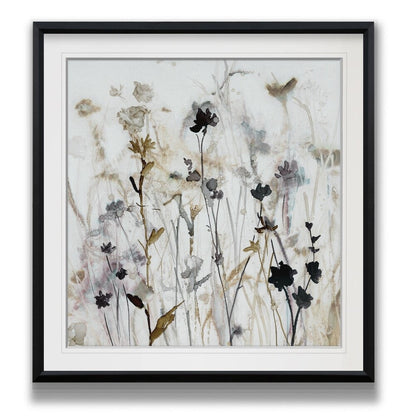 Wildflower Mist I - Stampa incorniciata personalizzata - blu, bianco, grigio, giallo, verde, argento, oro