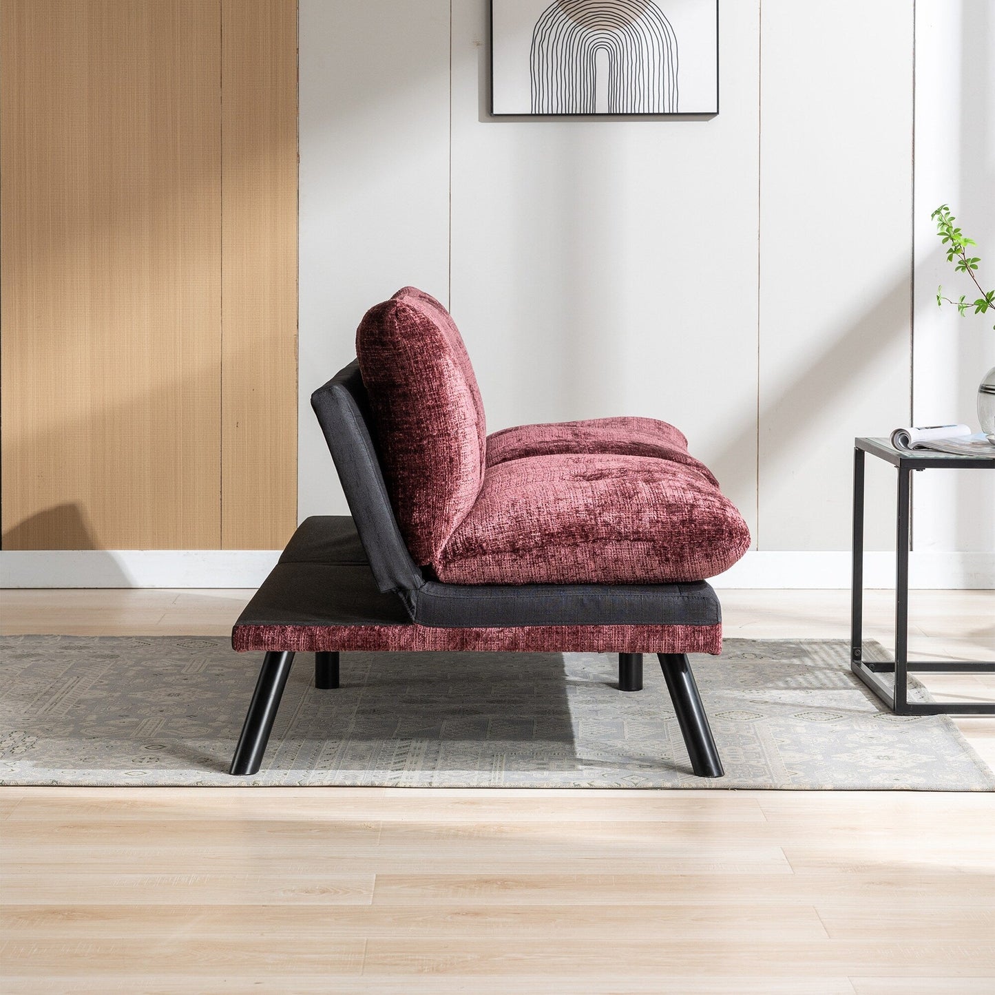 Divano letto futon convertibile in ciniglia rosso vino