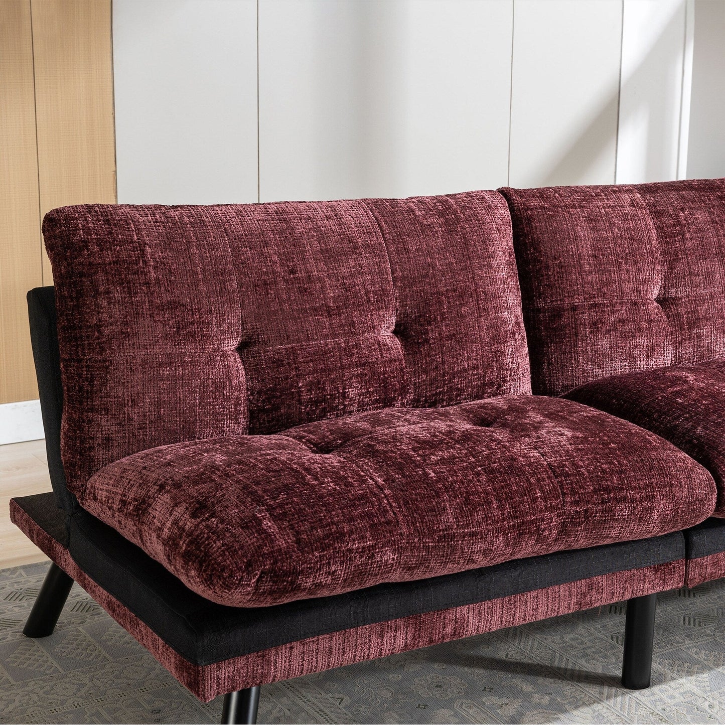 Divano letto futon convertibile in ciniglia rosso vino
