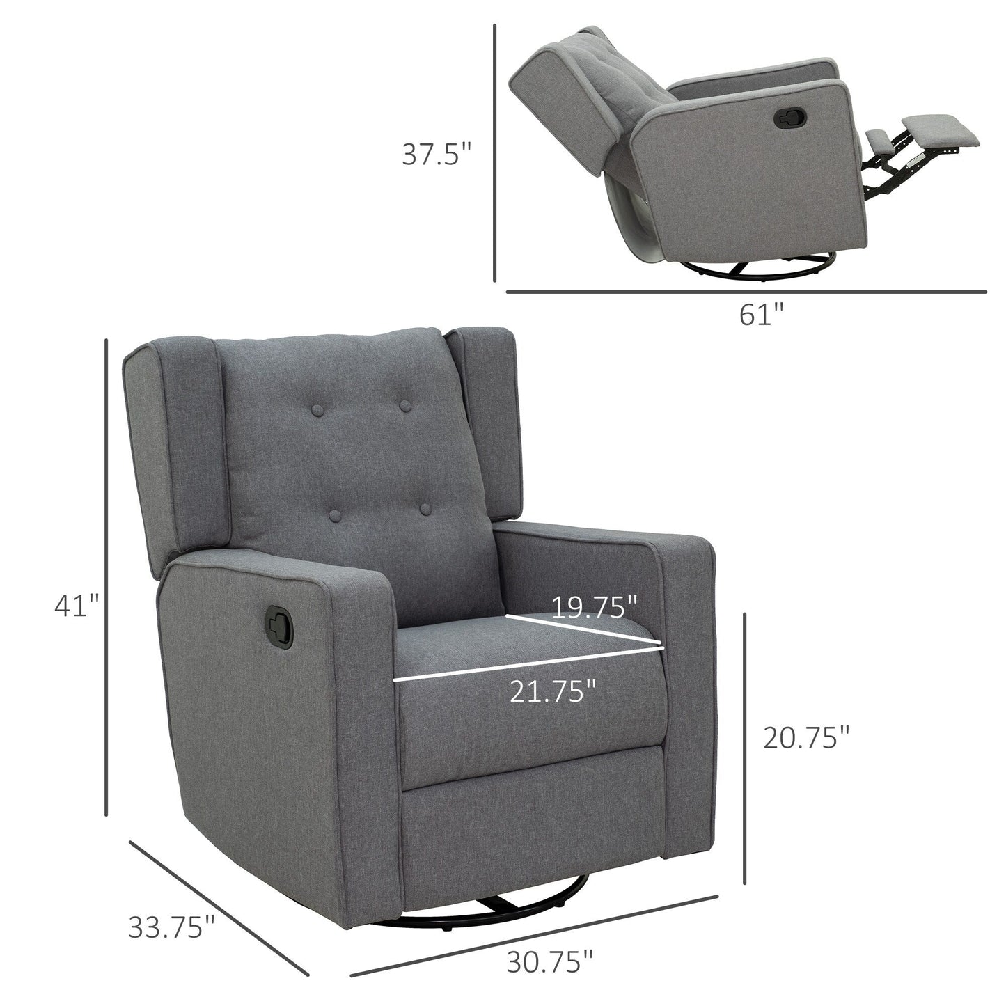 Poltrona reclinabile girevole con schienale ad ala, poltrona da home theater, poltrona imbottita con poggiapiedi retrattile