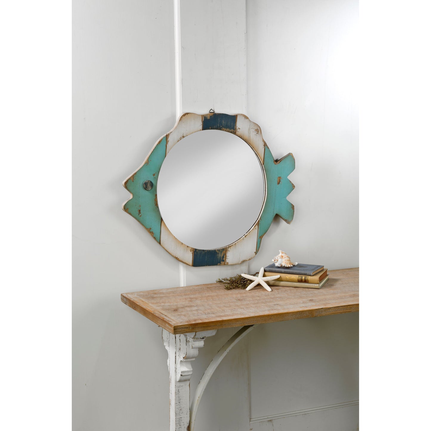 Specchio con cornice in legno di pesce - Blu