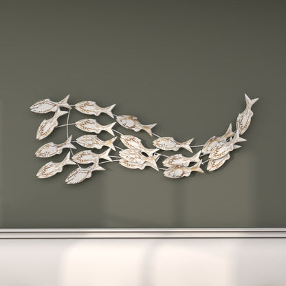 Decorazione murale per la casa a forma di pesce in legno fatto a mano con effetto anticato marrone - Bianco - Roche River Decor