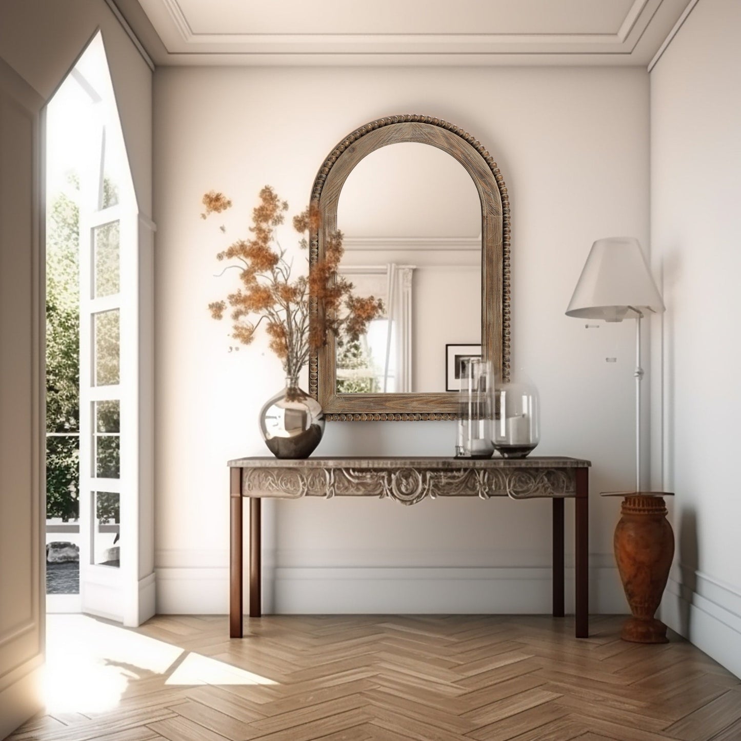 Specchio da parete con finestra ad arco e cornice in legno, specchio da parete per bagno - 39,25 A x 25,87 L x 1,5 P