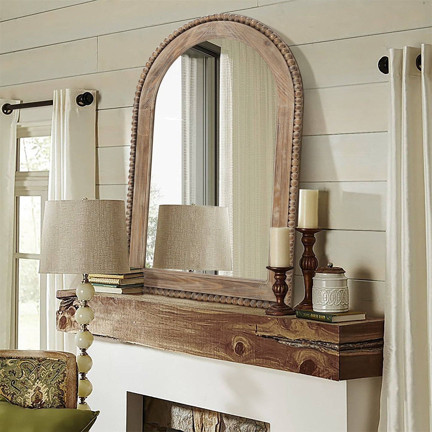 Specchio da parete con finestra ad arco e cornice in legno, specchio da parete per bagno - 39,25 A x 25,87 L x 1,5 P