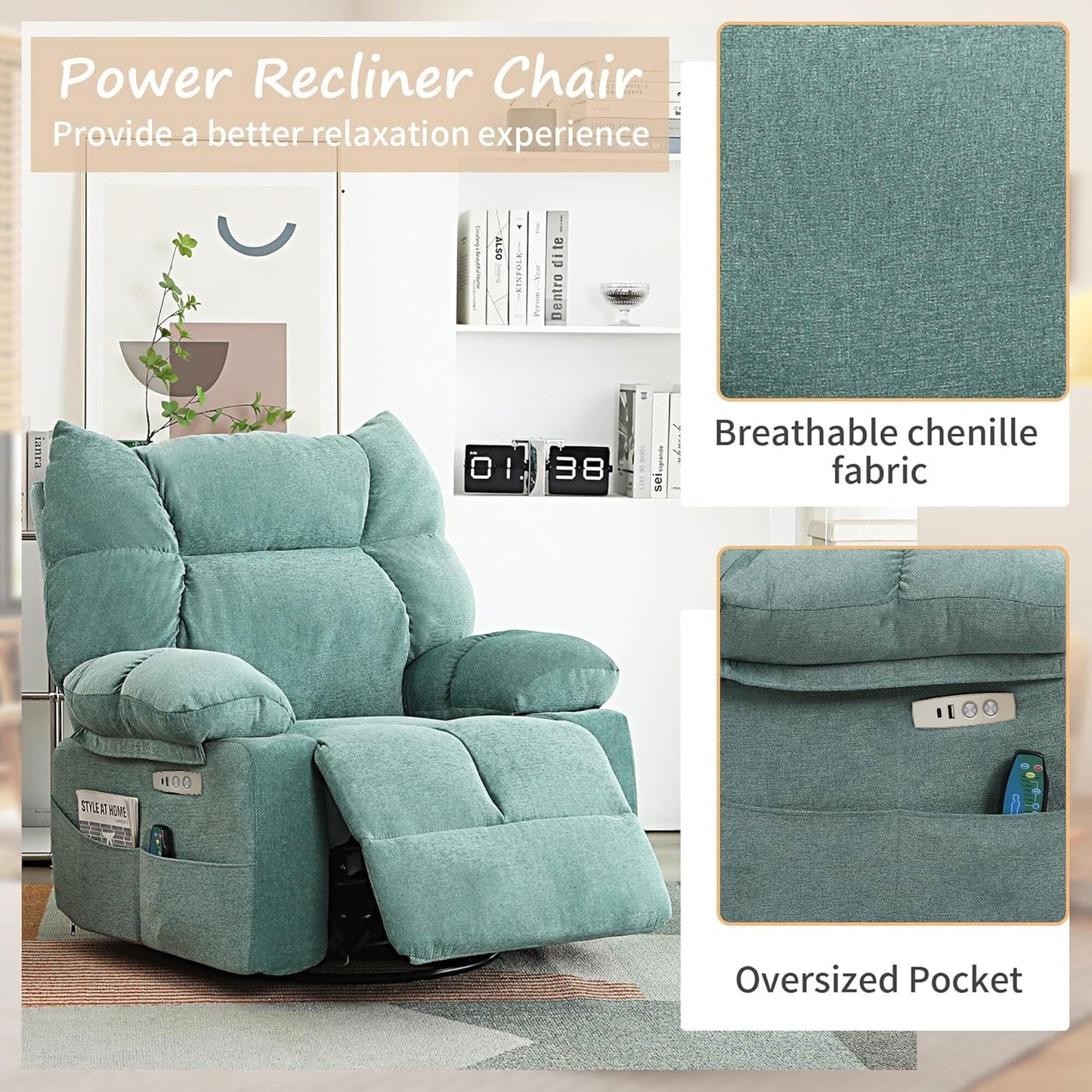 Poltrona reclinabile girevole XINMICS, poltrona reclinabile elettrica Glider con massaggio e riscaldamento