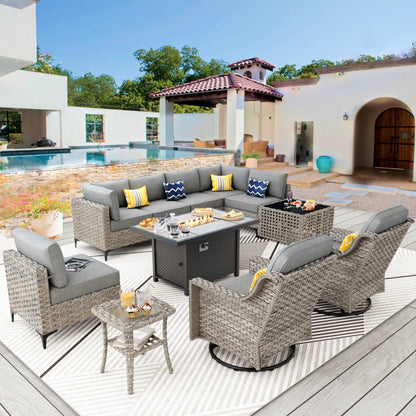 Set di mobili da giardino in rattan e vimini XIZZI da 11 pezzi con tavolo con braciere