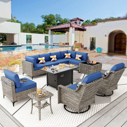 Set di mobili da giardino in rattan e vimini XIZZI da 11 pezzi con tavolo con braciere