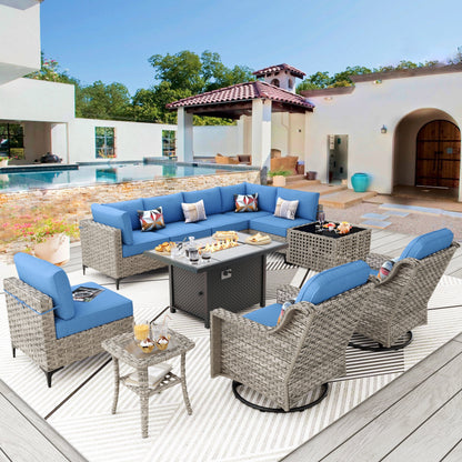 Set di mobili da giardino in rattan e vimini XIZZI da 11 pezzi con tavolo con braciere