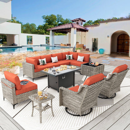 Set di mobili da giardino in rattan e vimini XIZZI da 11 pezzi con tavolo con braciere