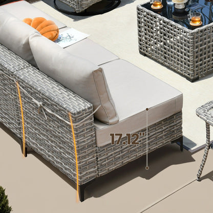 Set di mobili da giardino in rattan e vimini XIZZI da 11 pezzi con tavolo con braciere