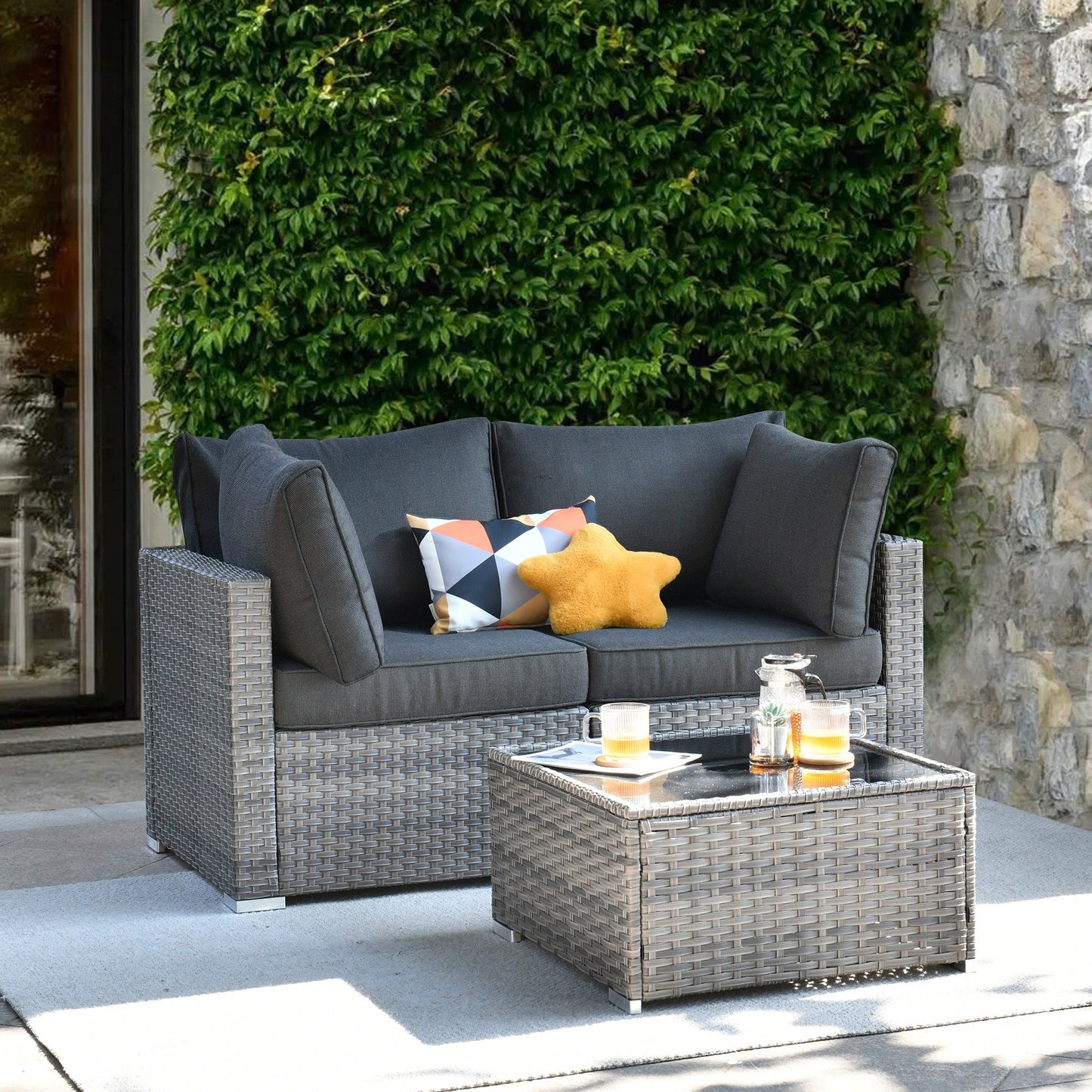 XIZZI Set di 3 divani da giardino in rattan e vimini, sedie angolari per esterni