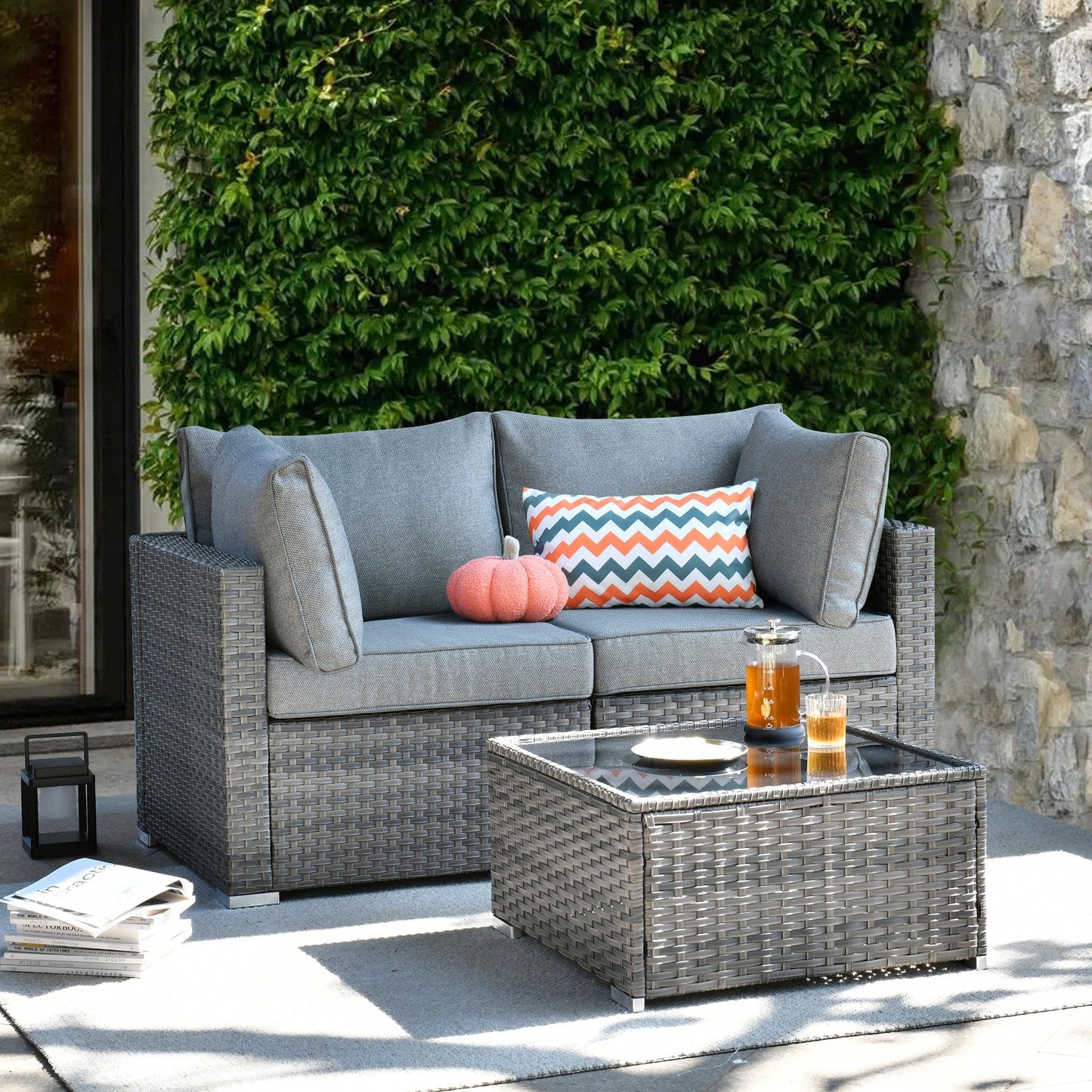 XIZZI Set di 3 divani da giardino in rattan e vimini, sedie angolari per esterni