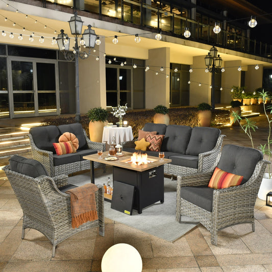 XIZZI Set di 5 divani da esterno in vimini con schienale alto e braciere per mobili da giardino