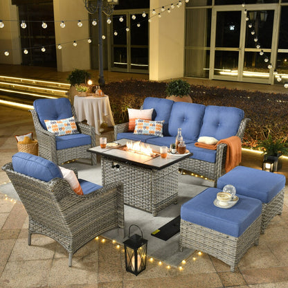XIZZI Set di 6 divani da esterno in rattan e vimini con seduta profonda e braciere