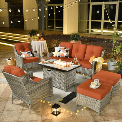 XIZZI Set di 6 divani da esterno in rattan e vimini con seduta profonda e braciere
