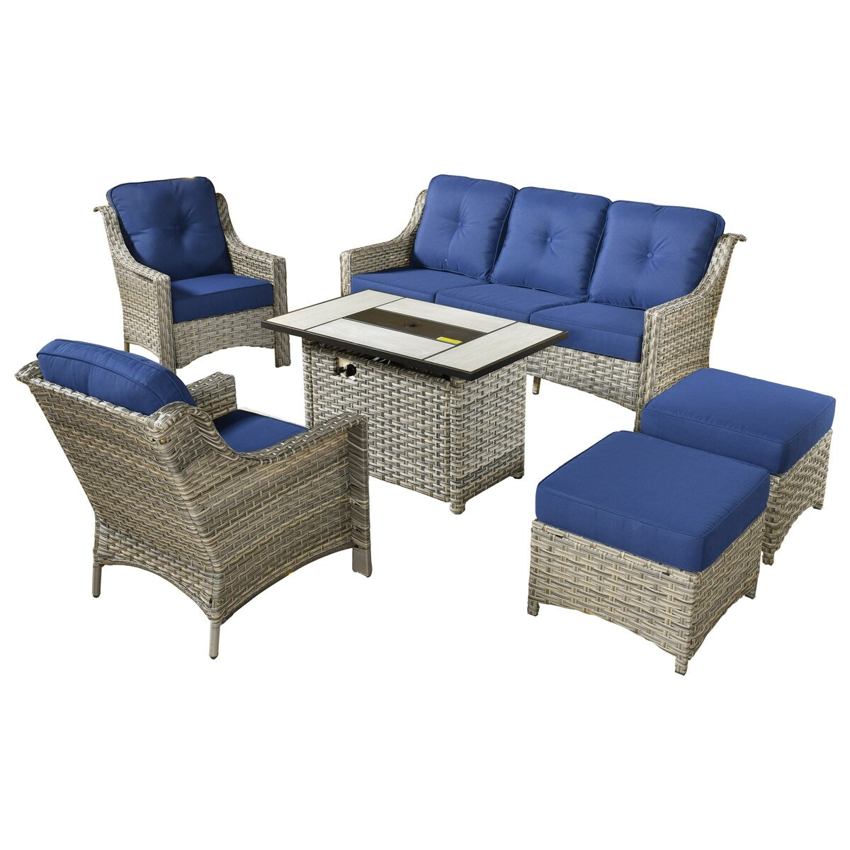 XIZZI Set di 6 divani da esterno in rattan e vimini con seduta profonda e braciere