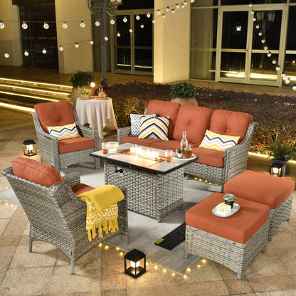 XIZZI Set di 6 divani da esterno in rattan e vimini con seduta profonda e braciere