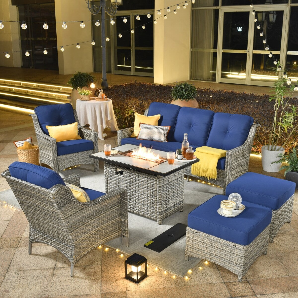 XIZZI Set di 6 divani da esterno in rattan e vimini con seduta profonda e braciere