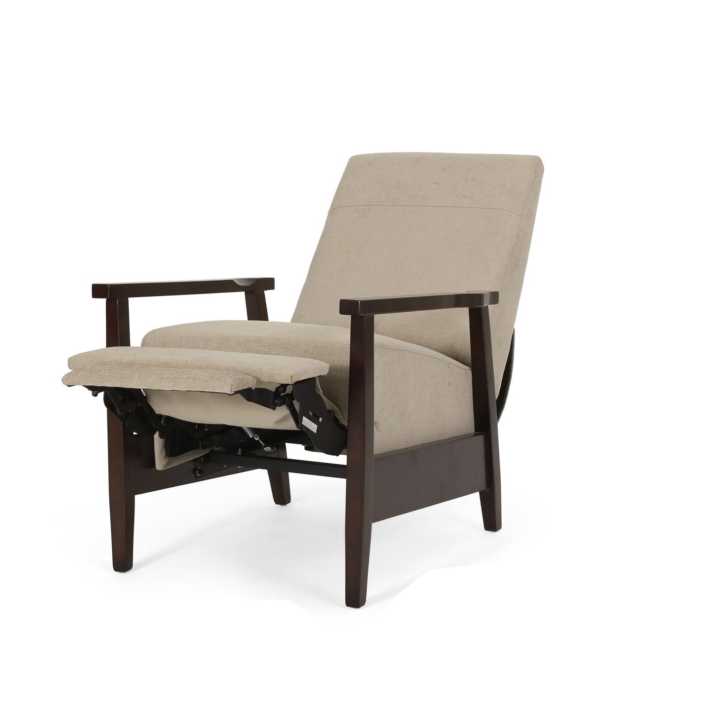 Poltrona reclinabile manuale Yahya, ergonomica in legno di caucciù marrone, tessuto beige sabbia