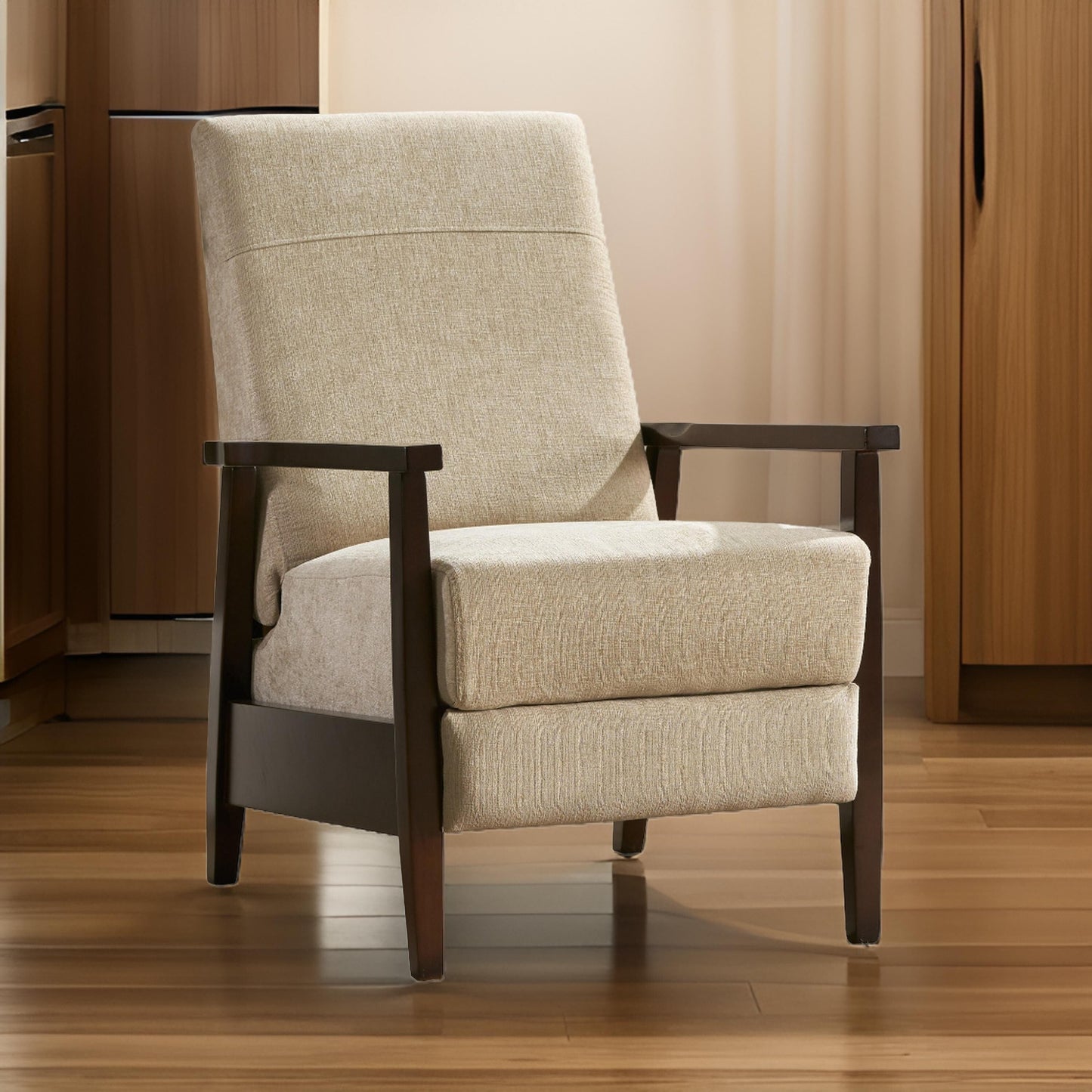 Poltrona reclinabile manuale Yahya, ergonomica in legno di caucciù marrone, tessuto beige sabbia