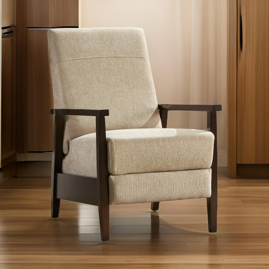 Poltrona reclinabile manuale Yahya, ergonomica in legno di caucciù marrone, tessuto beige sabbia